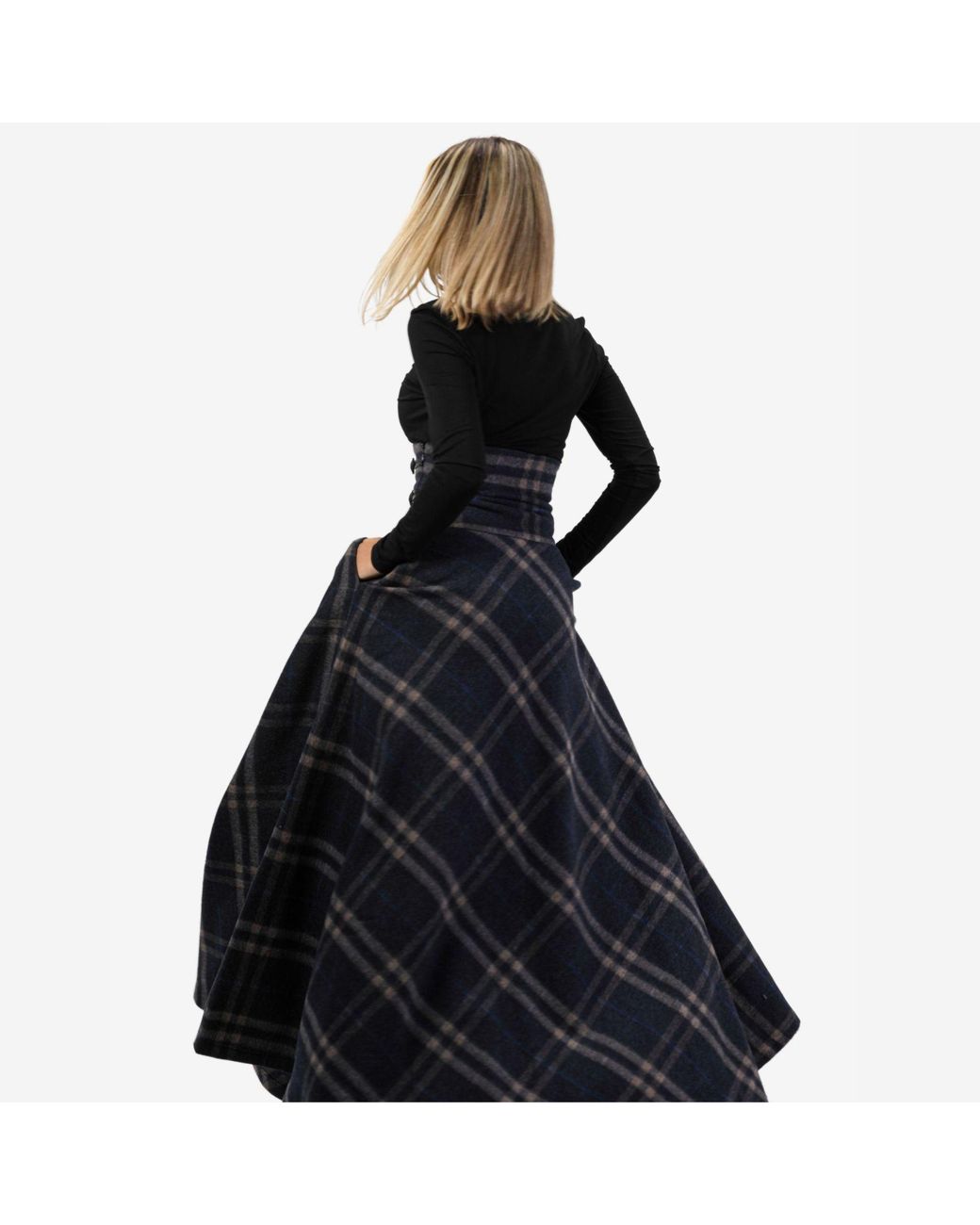 Nikka Place Blue "Rose" Plaid Wool Maxi Skirt