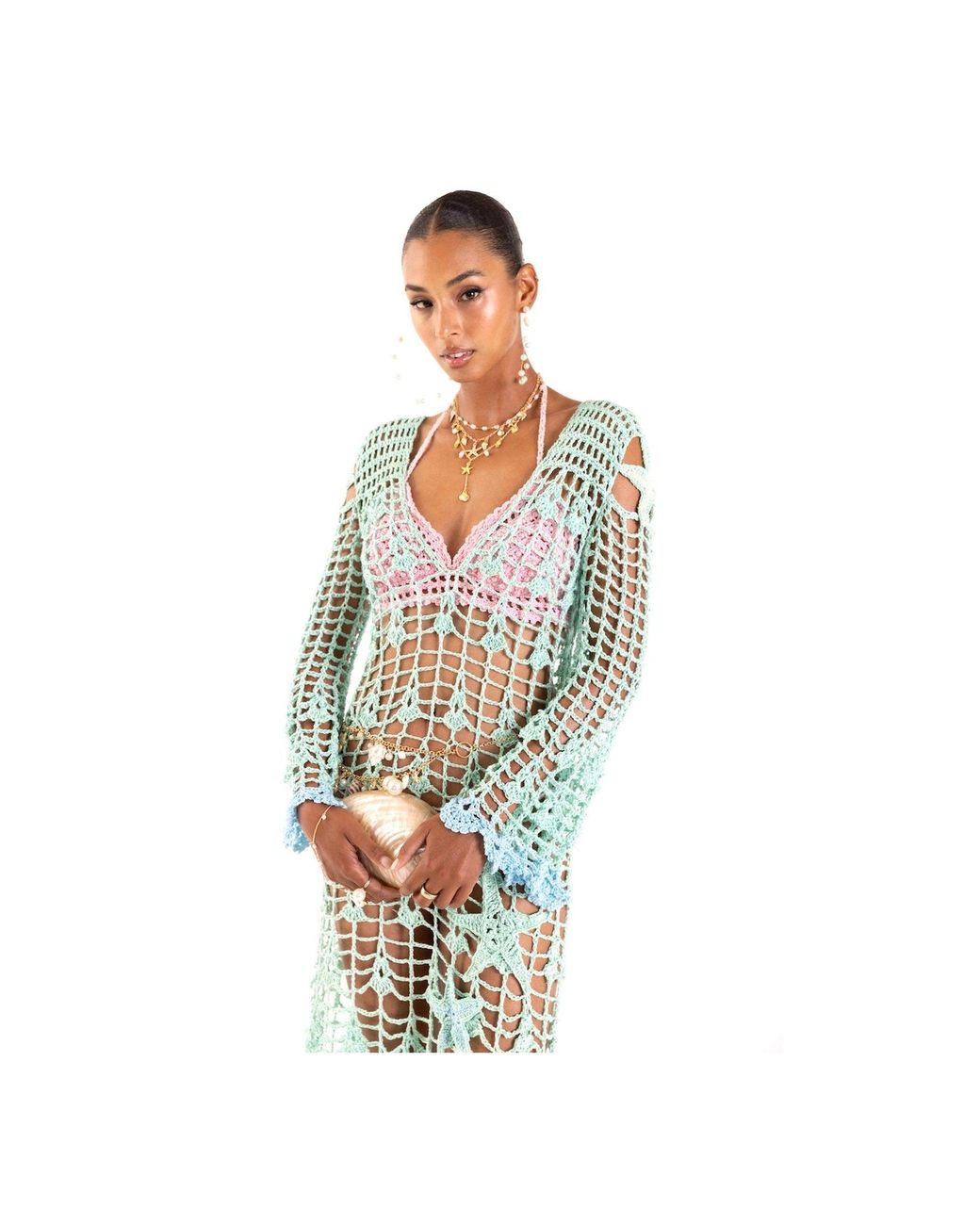 Andreeva Blue Aqua Marine Handmade Maxi Cover-Up Dress