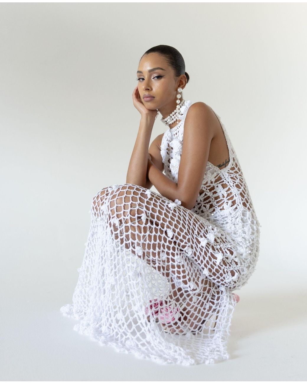 Andreeva White Vanilla Handmade Maxi Crochet Dress