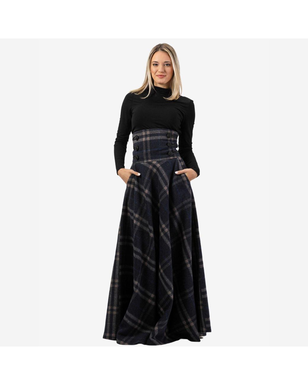 Nikka Place Blue "Rose" Plaid Wool Maxi Skirt