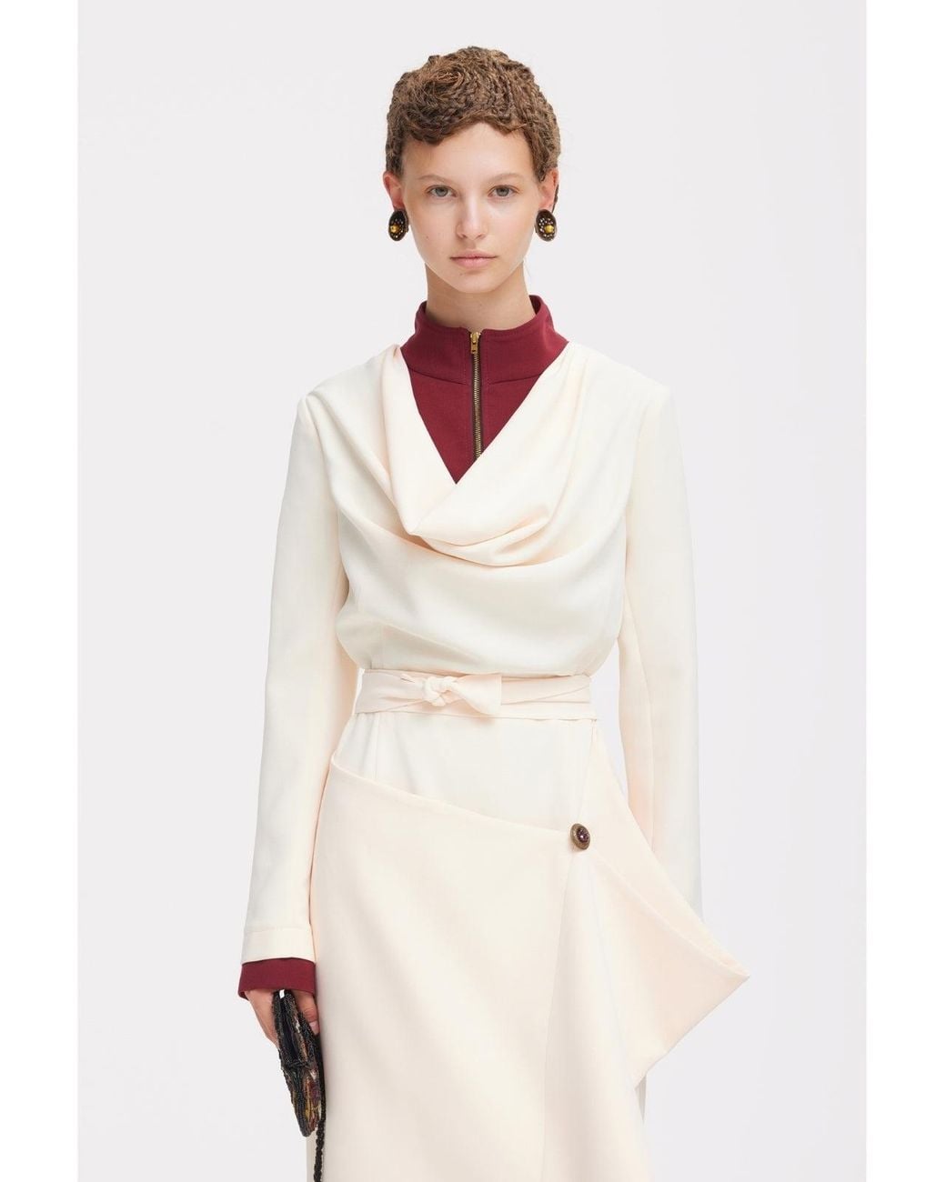 Julia Allert White Two-Tone Asymmetric Draped High-Neck Midi Dress