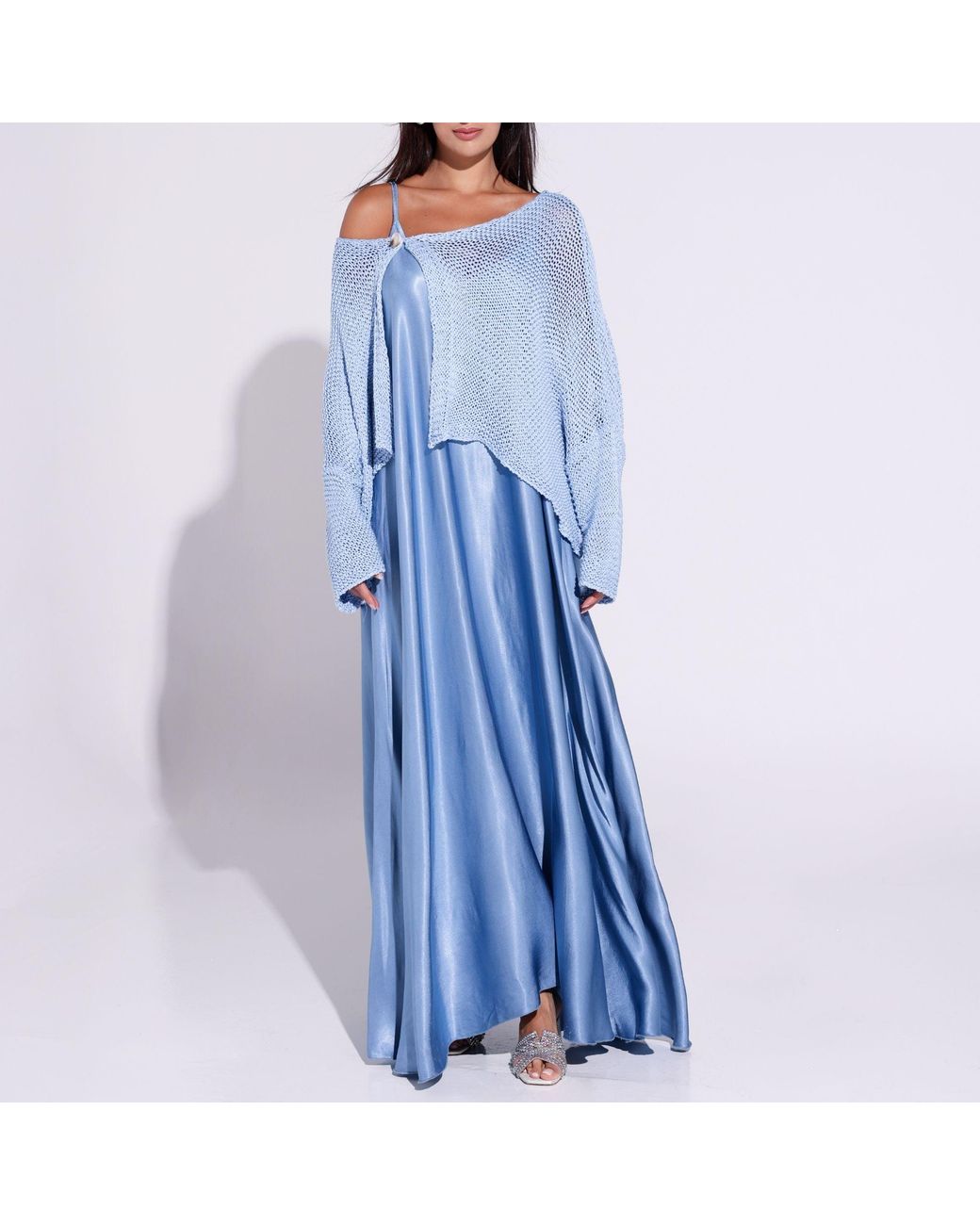 SILKERA Blue Powder Silky Overlay Maxi Dress With Knit Top