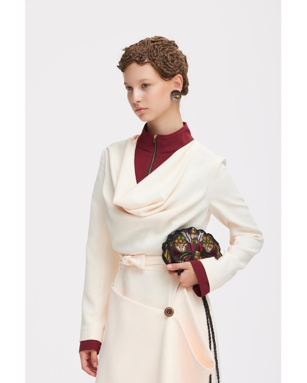 Julia Allert White Two-Tone Asymmetric Draped High-Neck Midi Dress