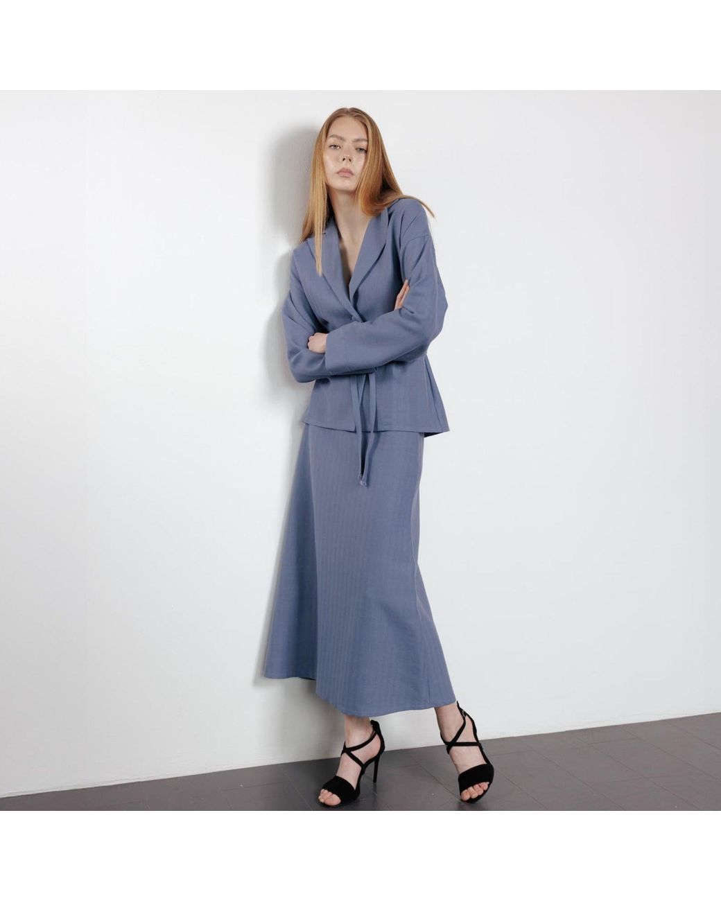 LAVIELACE Blue High-Waisted A-Line Pale Maxi Skirt
