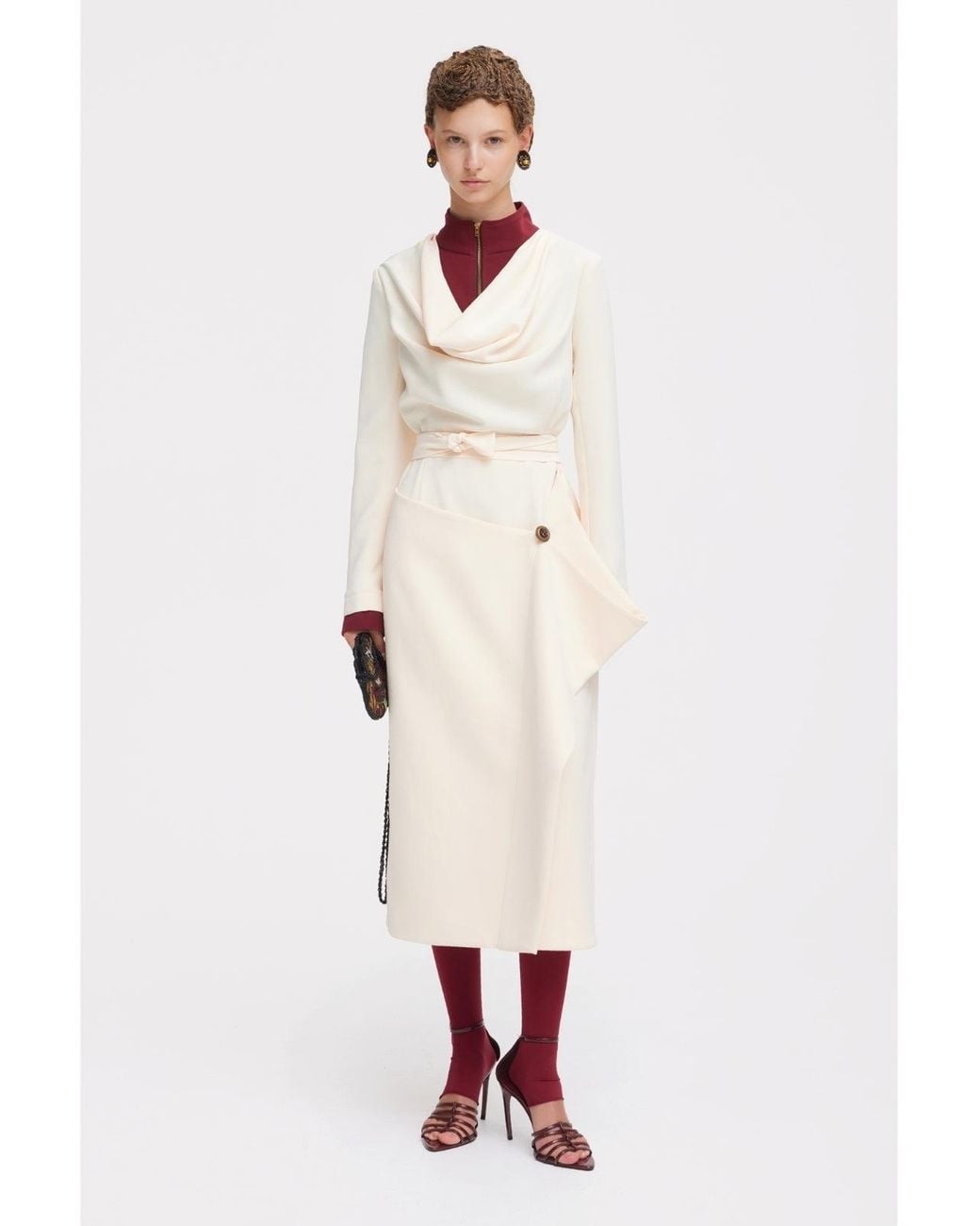 Julia Allert White Two-Tone Asymmetric Draped High-Neck Midi Dress