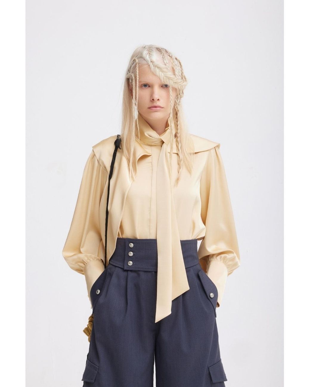 Julia Allert Natural Draped High-Neck Silk Organza Blouse