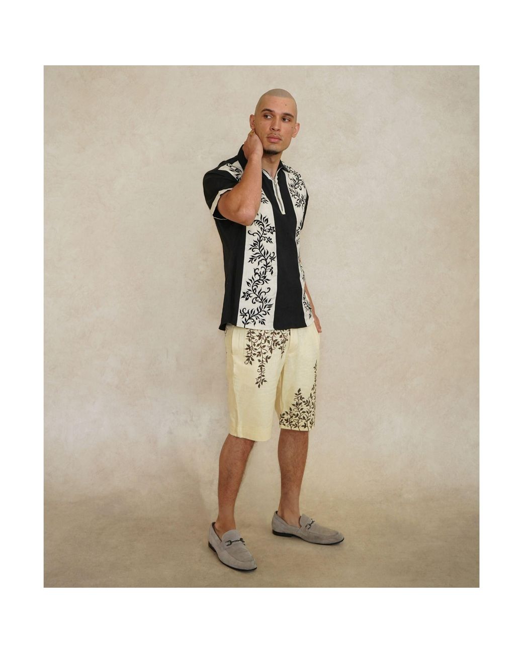 International Appeal Black Floral-Embroidered Panel Shirt