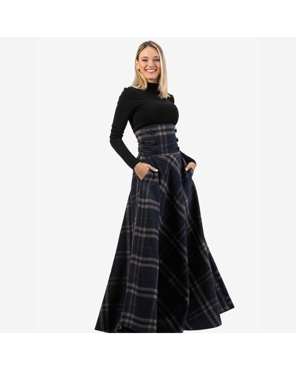 Nikka Place Blue "Rose" Plaid Wool Maxi Skirt