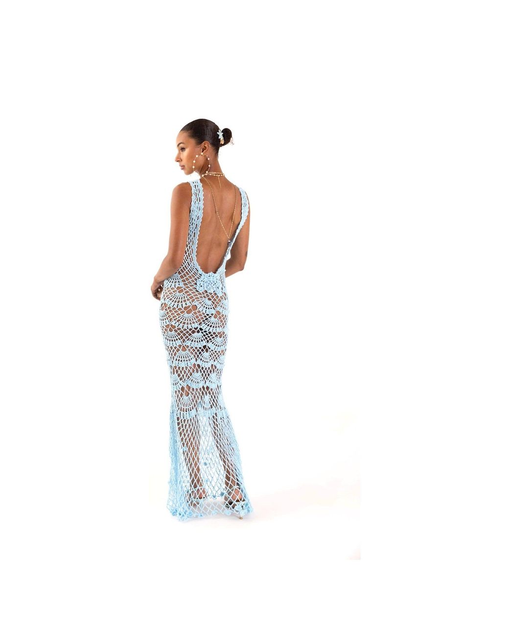 Andreeva Blue Aqua Shell Handmade Maxi Crochet Dress