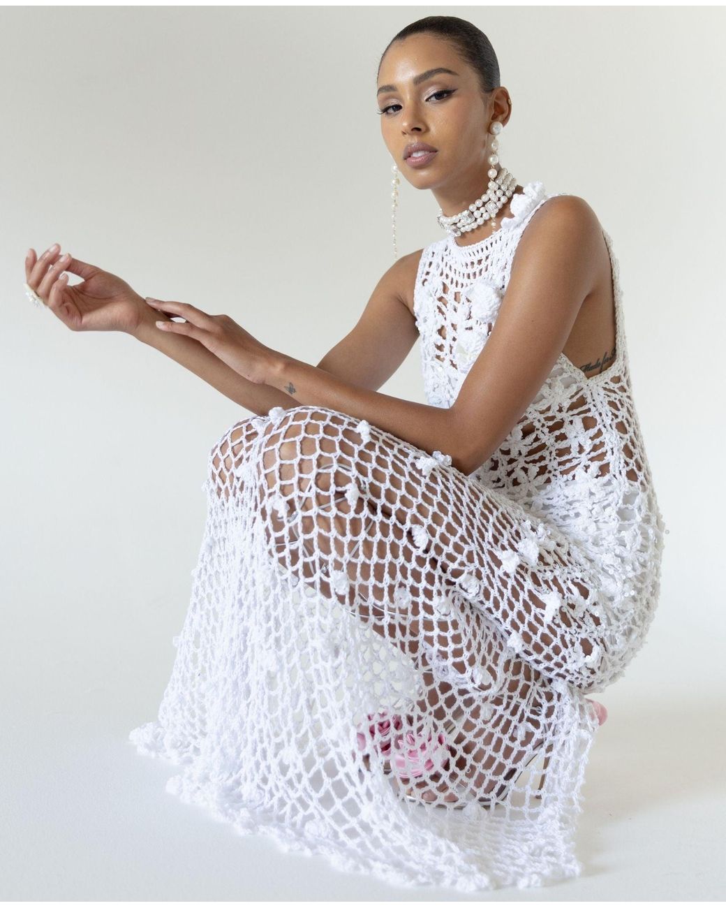 Andreeva White Vanilla Handmade Maxi Crochet Dress