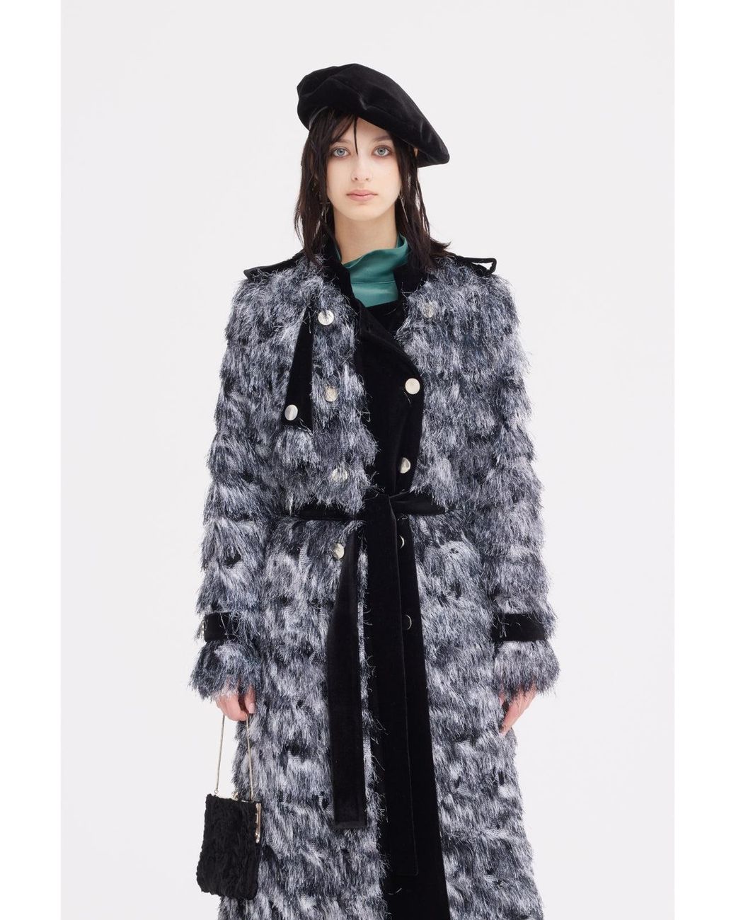 Julia Allert Black Textured Velvet-Detail Long Coat