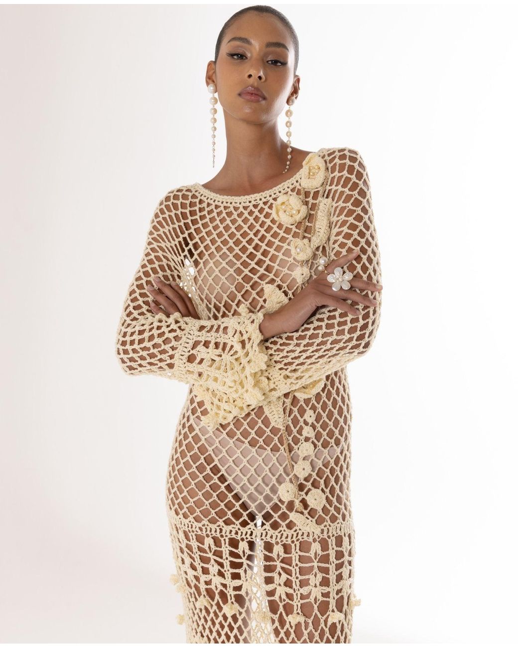 Andreeva White Long Sleeve Butter Vanilla Handmade Crochet Dress