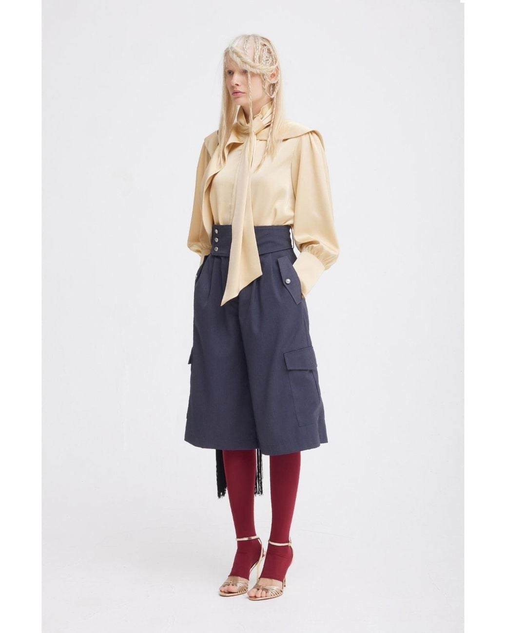 Julia Allert Natural Draped High-Neck Silk Organza Blouse