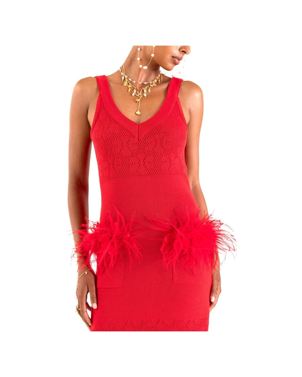Andreeva Red Cherry Knit Dress With Feather Details