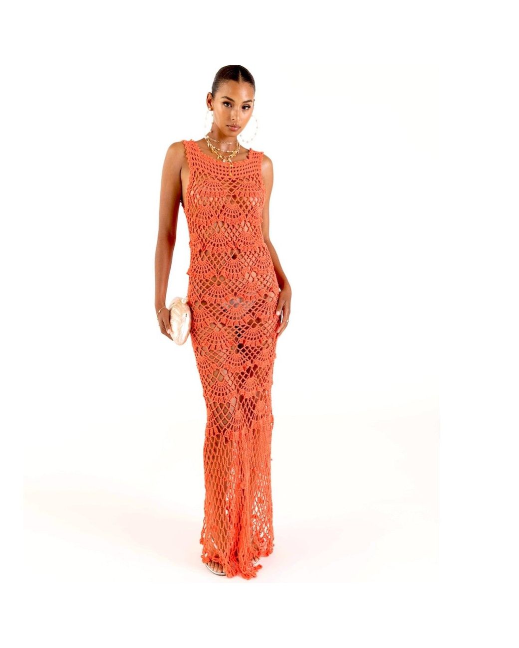 Andreeva Red Coral Shell Handmade Maxi Crochet Dress