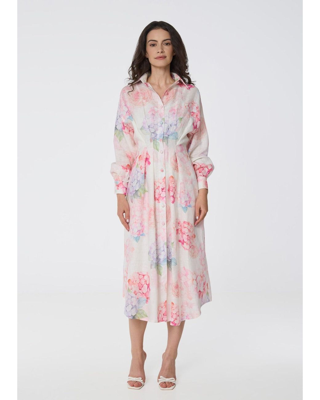 GIORGIA LUCASI Pink Floral Linen Shirt Dress With Balloon Sleeves