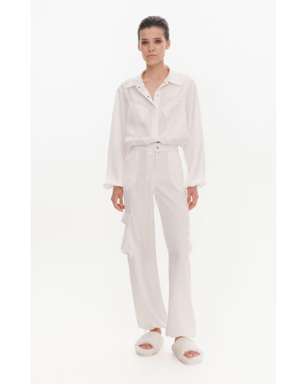 KRIS MARAN White Silky Cargo Pants