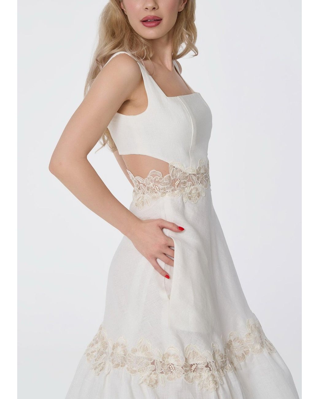 GIORGIA LUCASI Natural Ivory Linen Midi Dress With Lace Detail