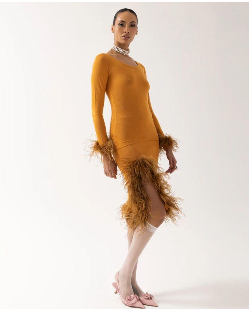 Andreeva Orange Camel Knit Top With Detachable Feather Cuffs