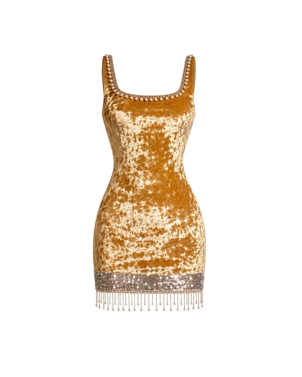 International Appeal Metallic Mustard Velvet Pearl Mini Dress