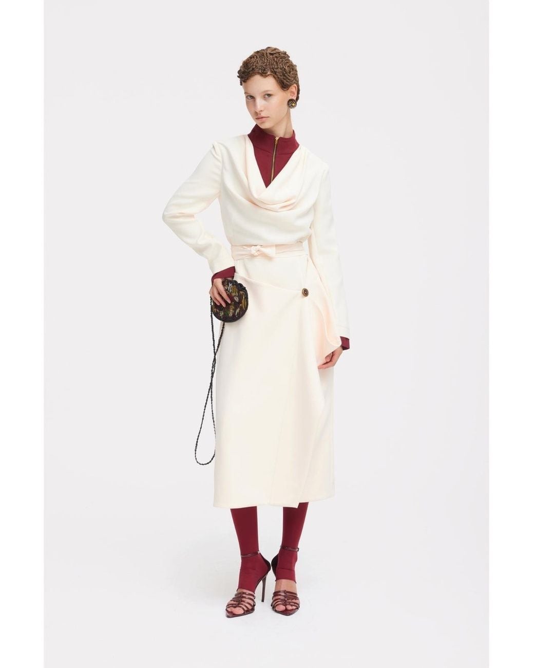 Julia Allert White Two-Tone Asymmetric Draped High-Neck Midi Dress