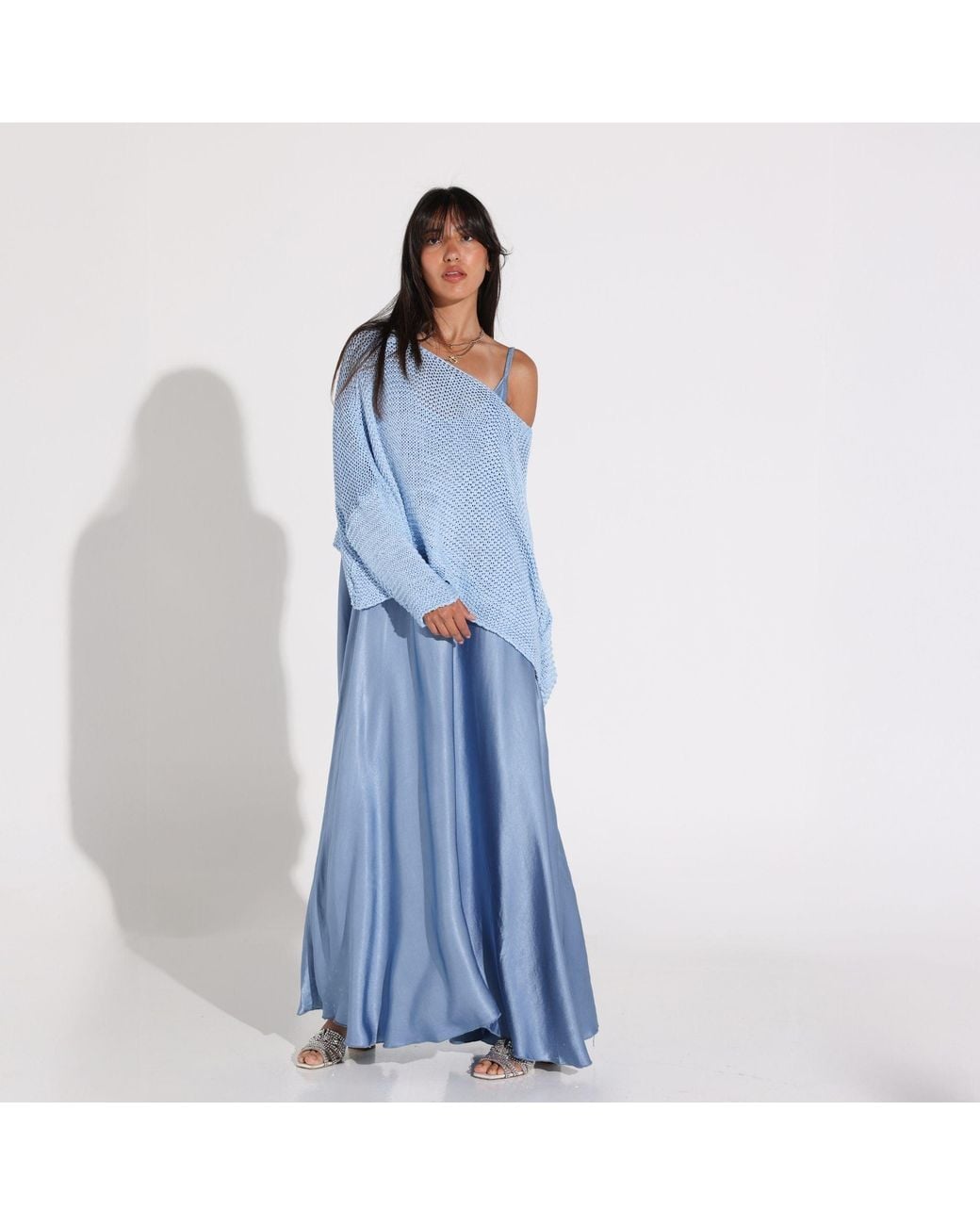 SILKERA Blue Powder Silky Overlay Maxi Dress With Knit Top