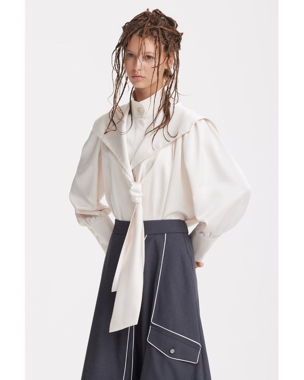 Julia Allert Natural Satin Sailor Collar Tie Front Blouse
