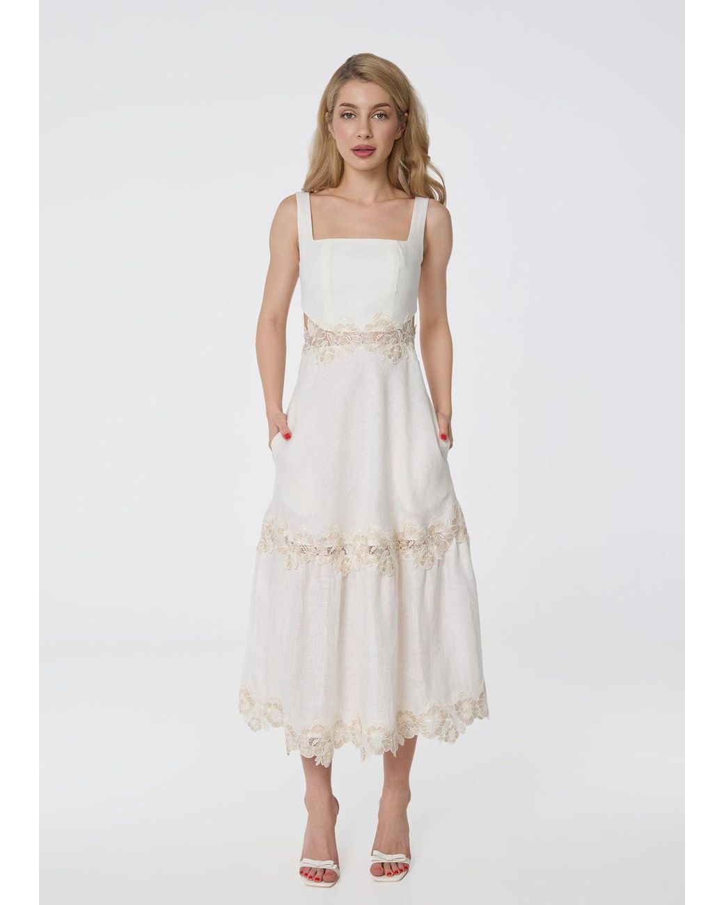 GIORGIA LUCASI Natural Ivory Linen Midi Dress With Lace Detail