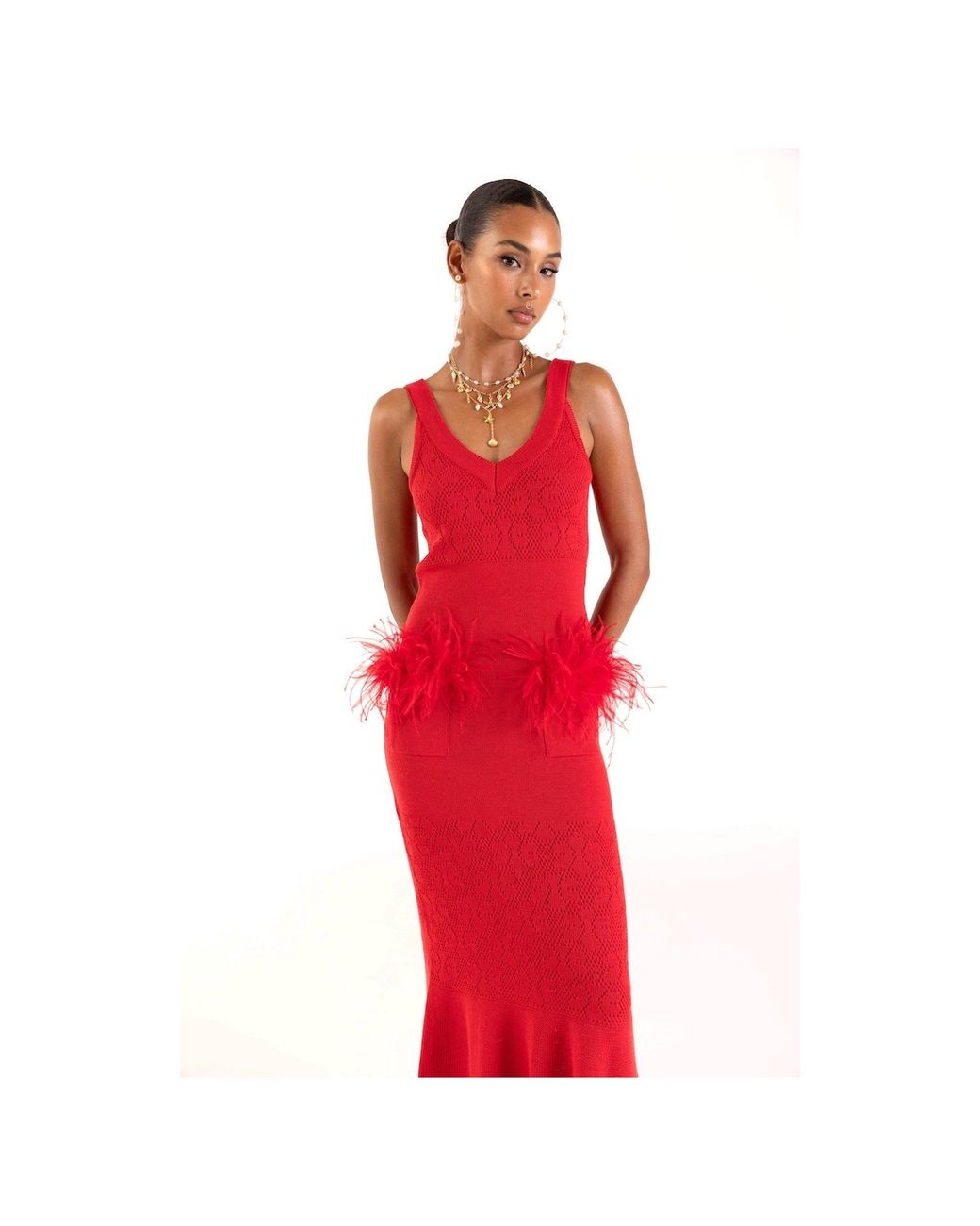 Andreeva Red Cherry Knit Dress With Feather Details