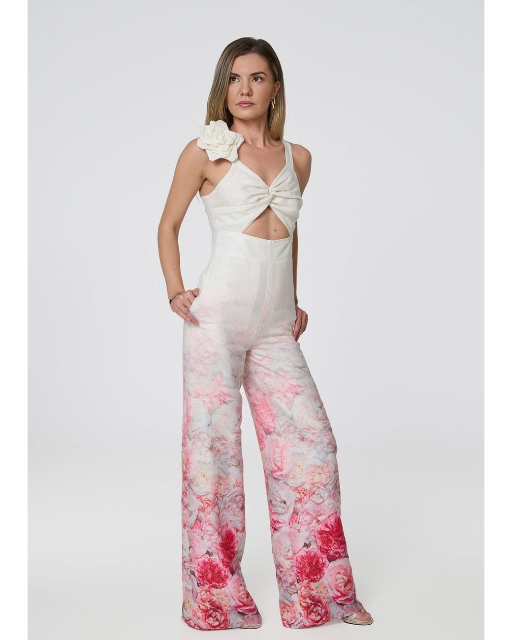 GIORGIA LUCASI Purple Floral Linen Wide-Leg Jumpsuit
