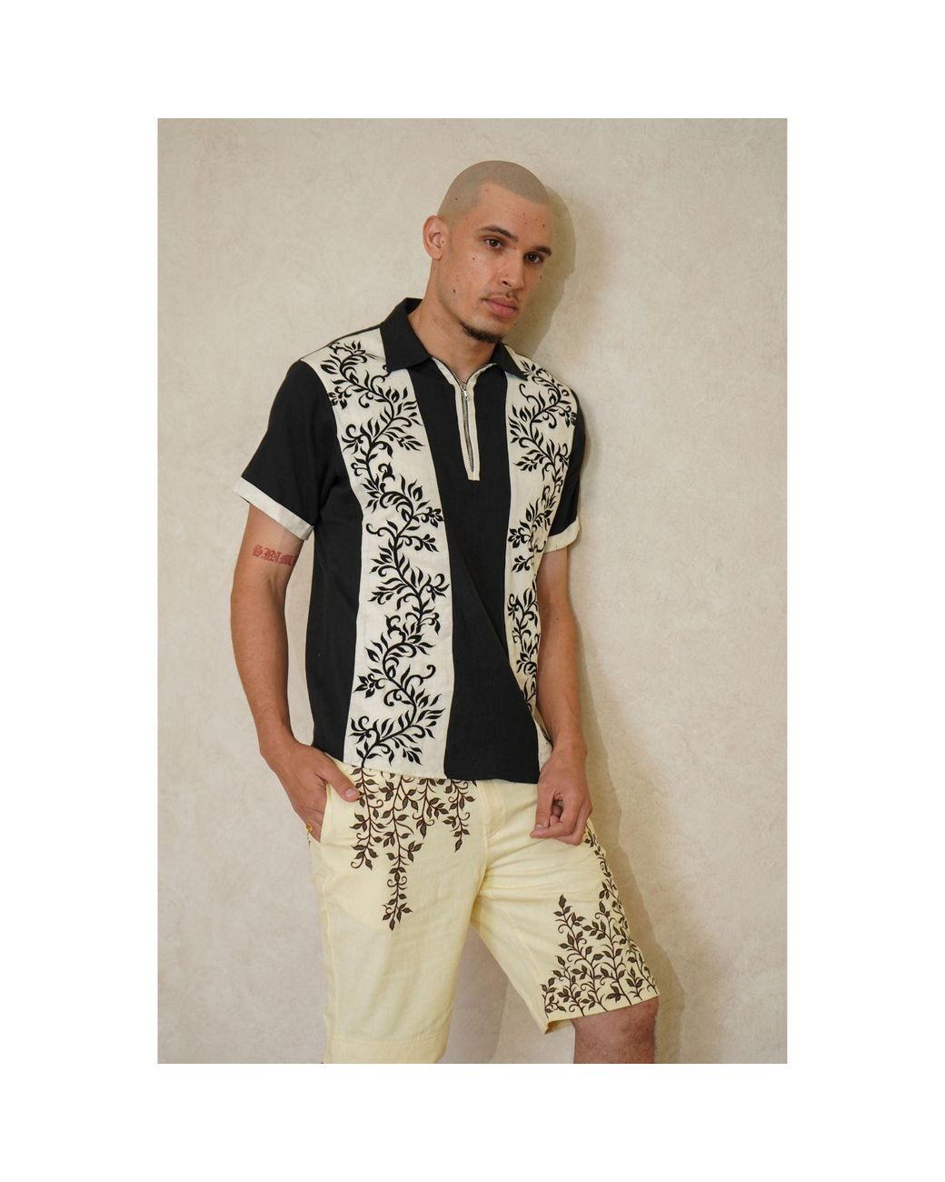 International Appeal Black Floral-Embroidered Panel Shirt