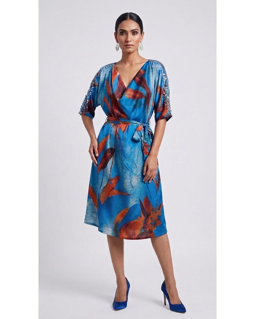 IEVA Blue Multicolour Cowl Midi Dress With Sequins
