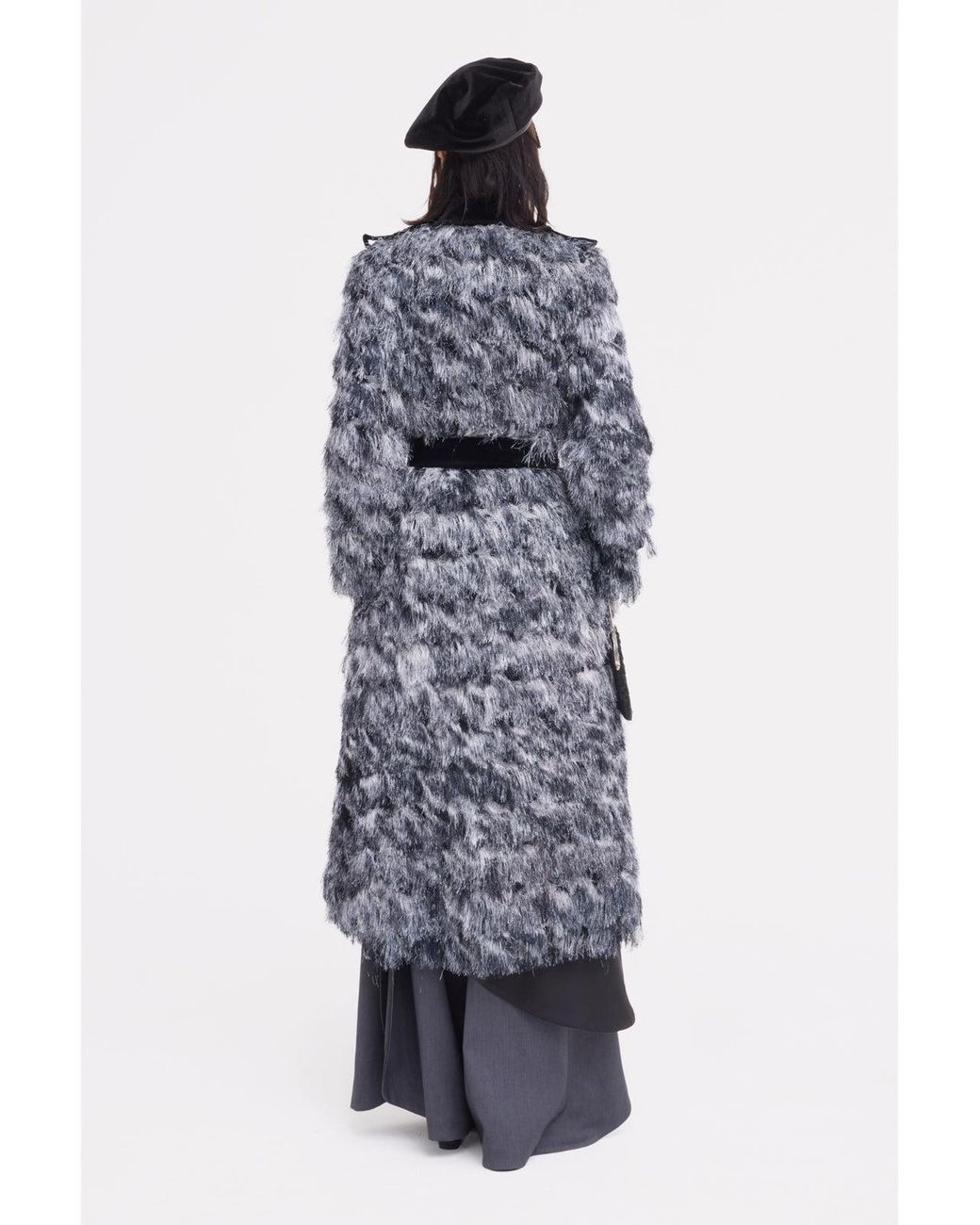 Julia Allert Black Textured Velvet-Detail Long Coat