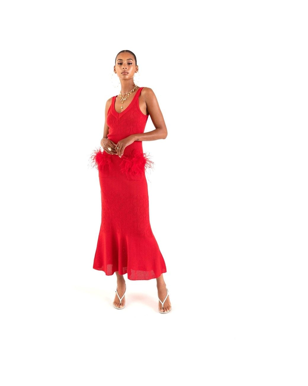 Andreeva Red Cherry Knit Dress With Feather Details
