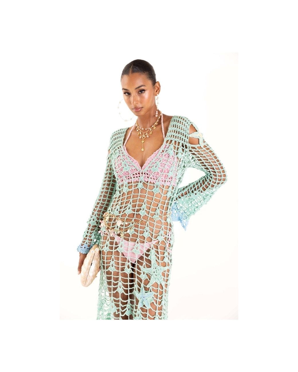 Andreeva Blue Aqua Marine Handmade Maxi Cover-Up Dress