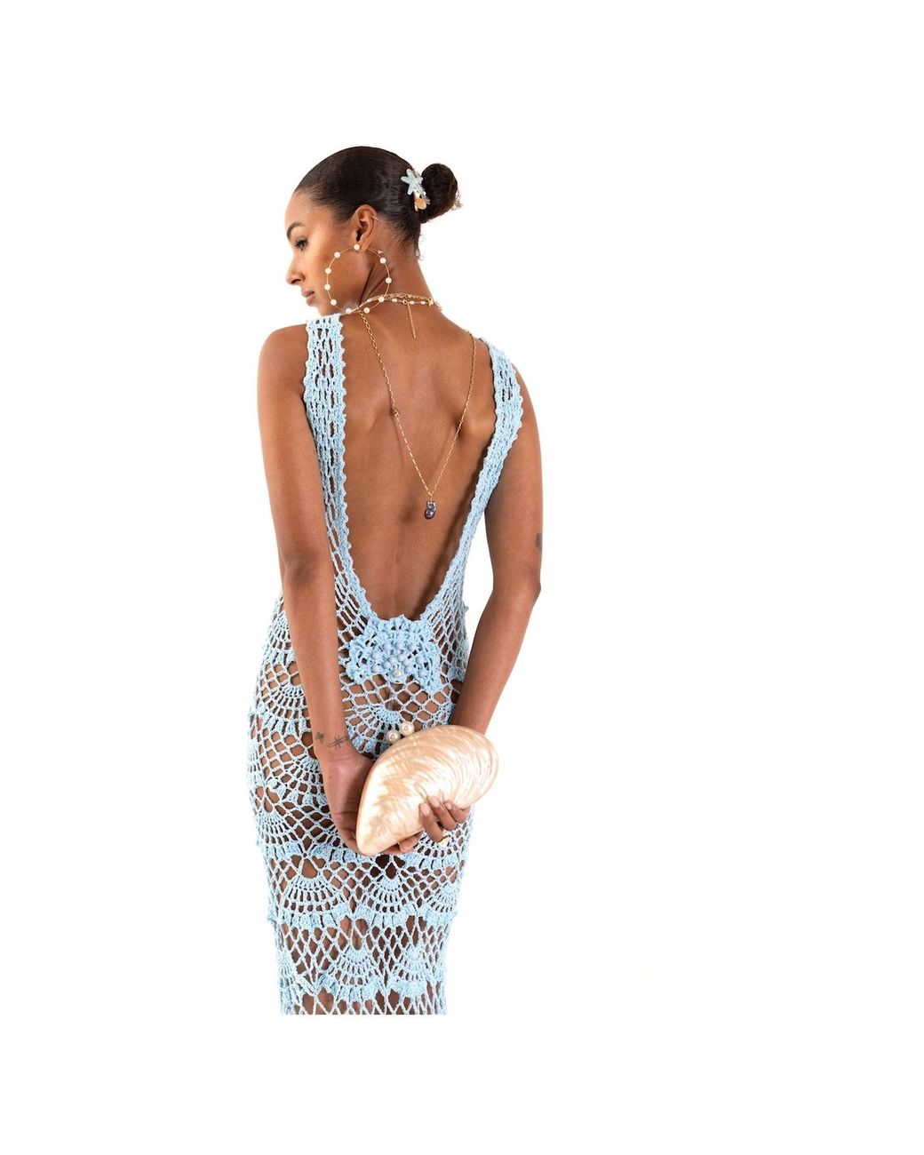 Andreeva Blue Aqua Shell Handmade Maxi Crochet Dress