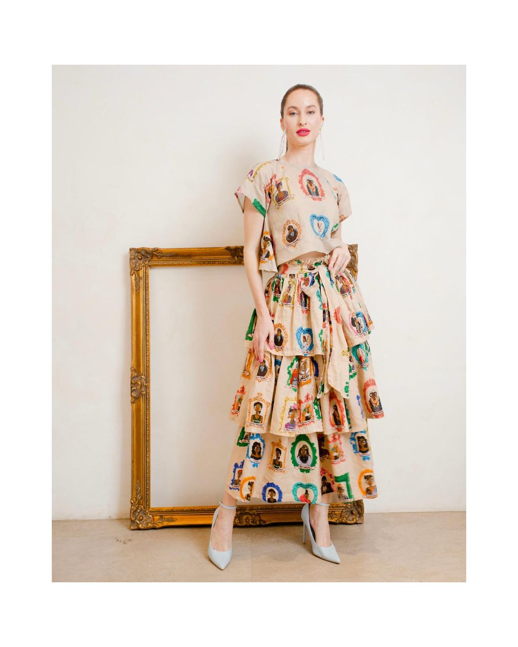 A.nty Story Green Layered Midi Skirt With Bow Tie Waist