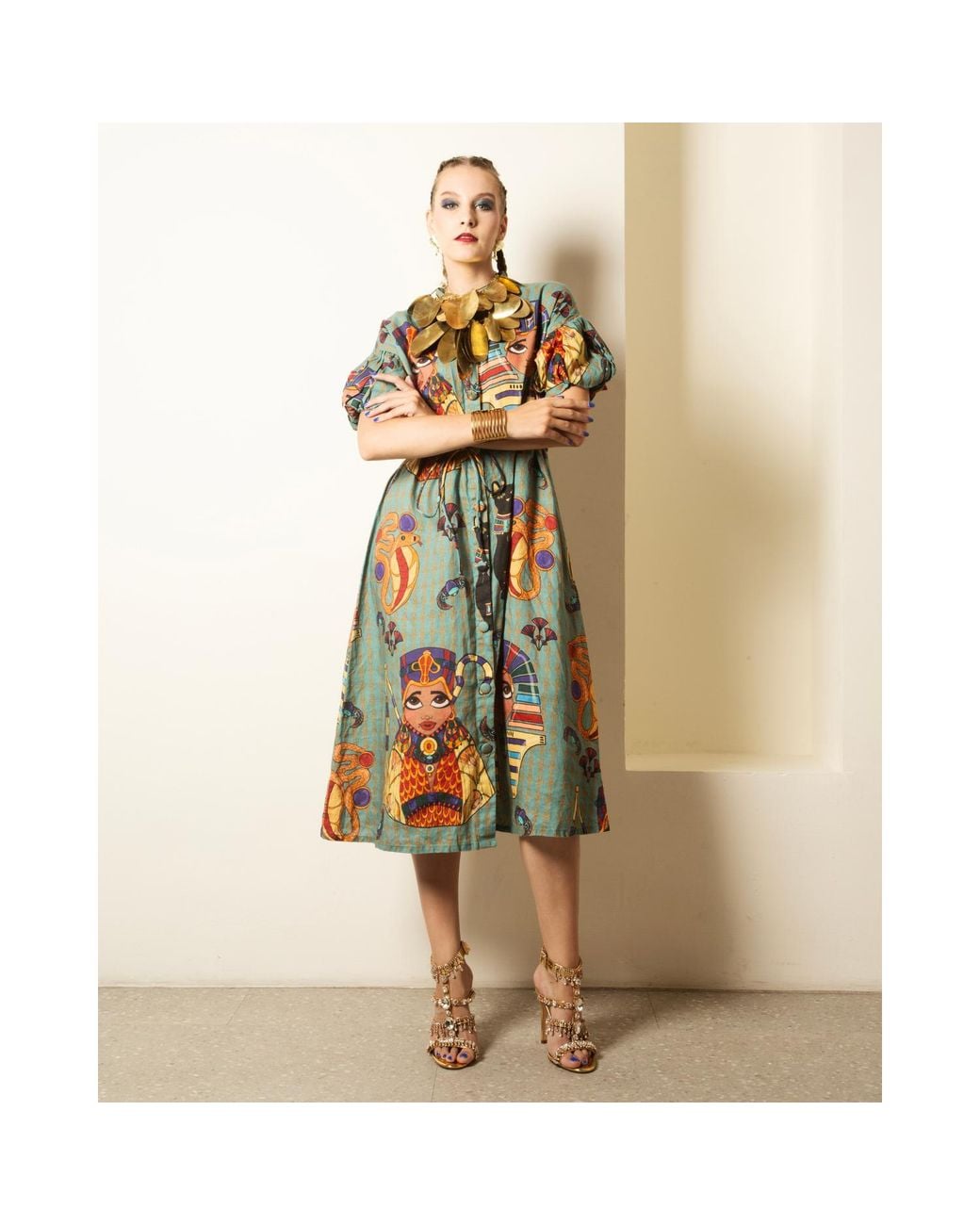 A.nty Story Blue Puff Sleeve Midi Dress With Waist Tie