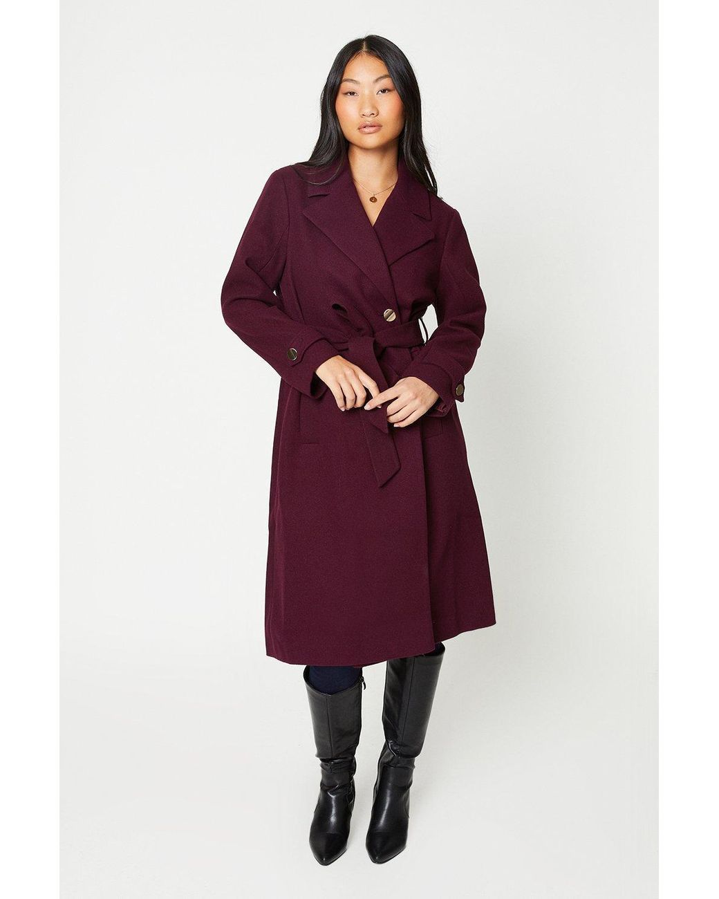 Dorothy Perkins Petite Longline Belted Coat in Red Lyst