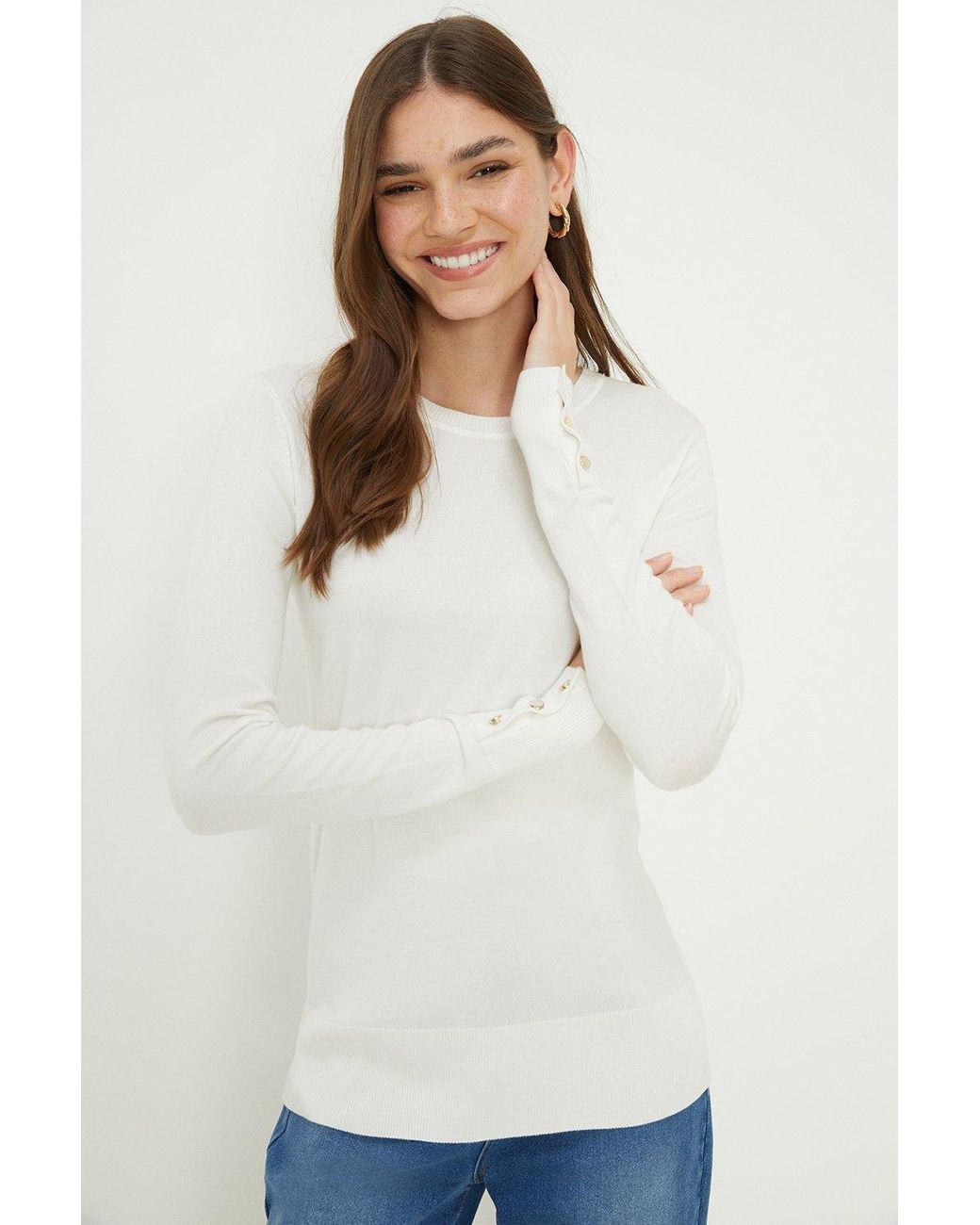Dorothy Perkins Crew Neck Button Cuff Jumper in White Lyst UK