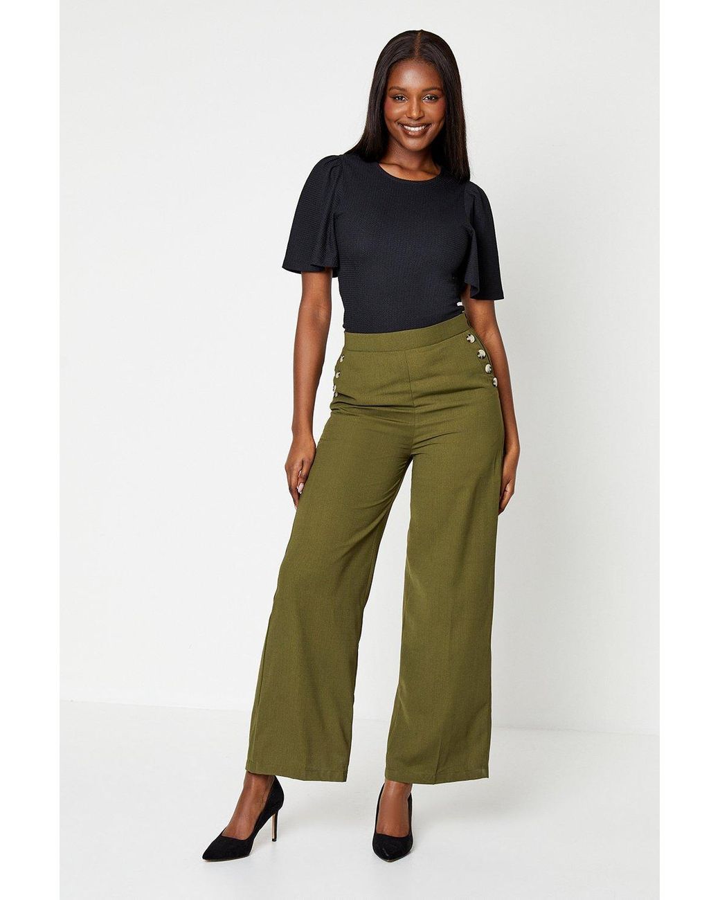 Dorothy Perkins Button Pocket Straight Leg Trousers in Green Lyst UK