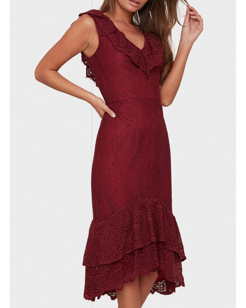 ruffle and lace detail midi dress