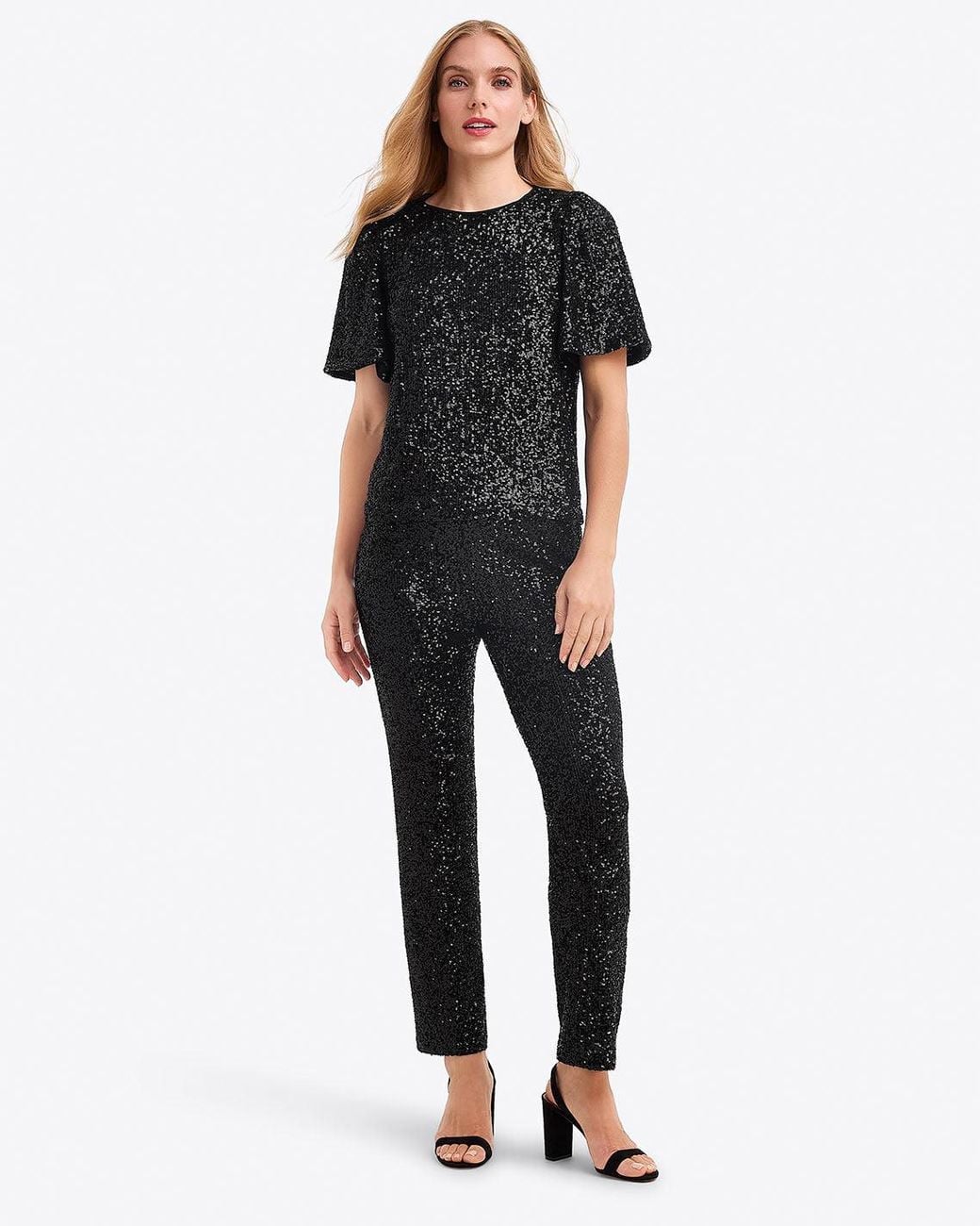 Draper James Black Flutter Sleeve Top In Sequins