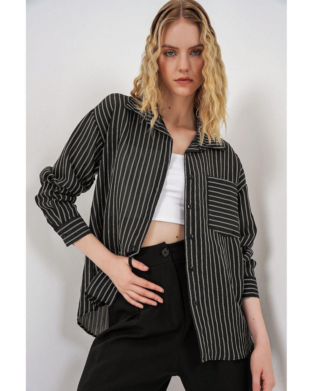 Bigdart Gray Oversized Striped Long Sleeve Shirt With Pocket