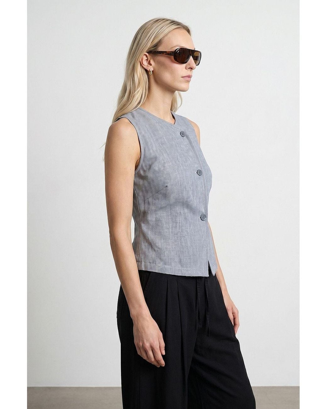 Dilvin Blue Fitted Woven Waistcoat With Button Front