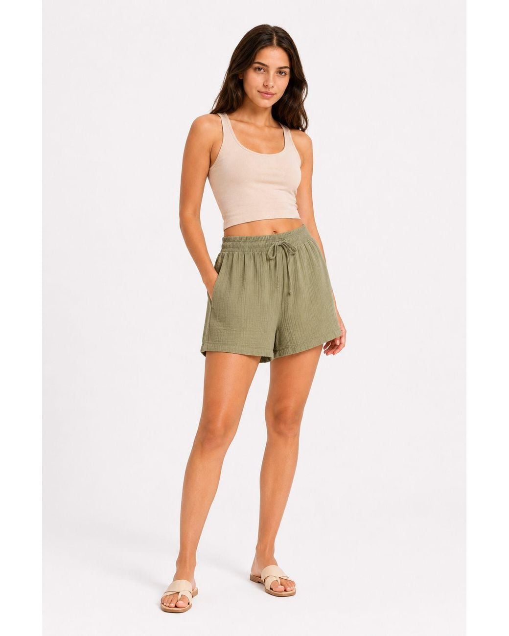 MixRay Green High-Waist Textured Wide-Leg Shorts