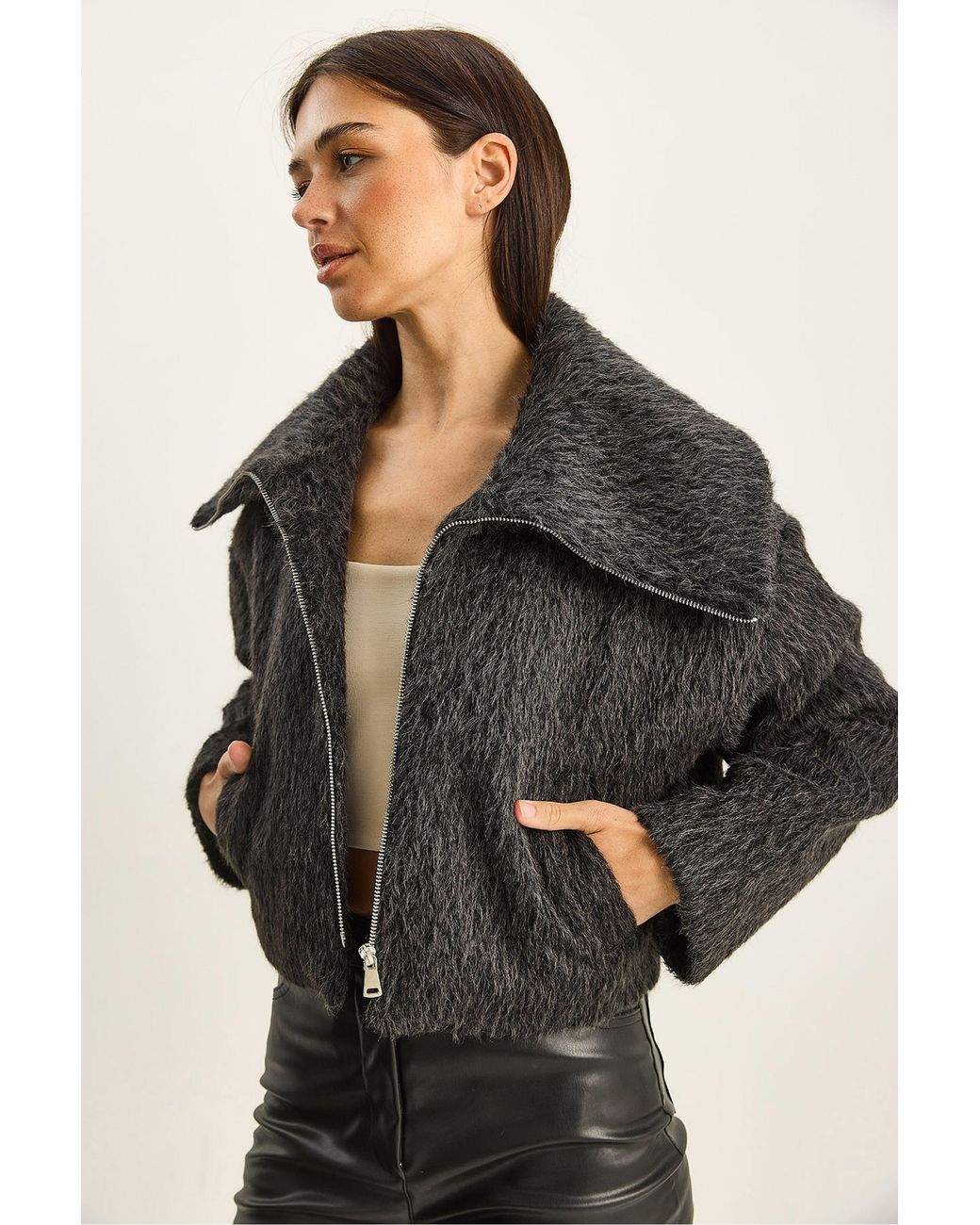 Bianco Lucci Black Textured Plush Bomber With Zipper Closure