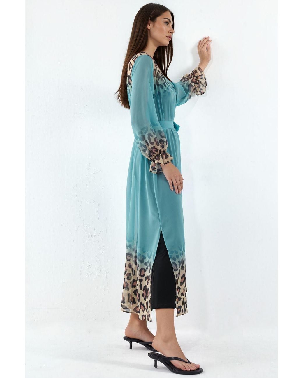Msn-Collection Blue Printed Maxi Chiffon Belted Cover-Up