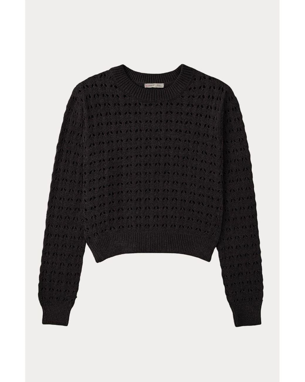 MixRay Black Textured Knit Relaxed Crop Sweater With Crew Neck