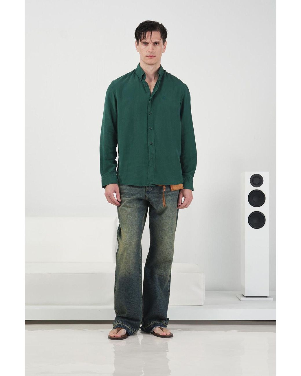 Giesto Green Casual Long Sleeve Tencel Button-Up Shirt for men
